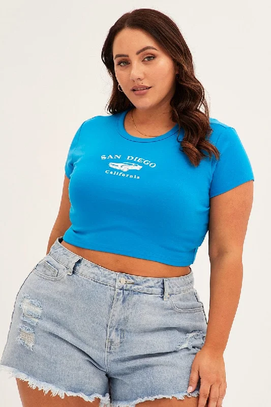 Blue Crew Neck Short Sleeve Crop Top Rayon Velvet Corduroy