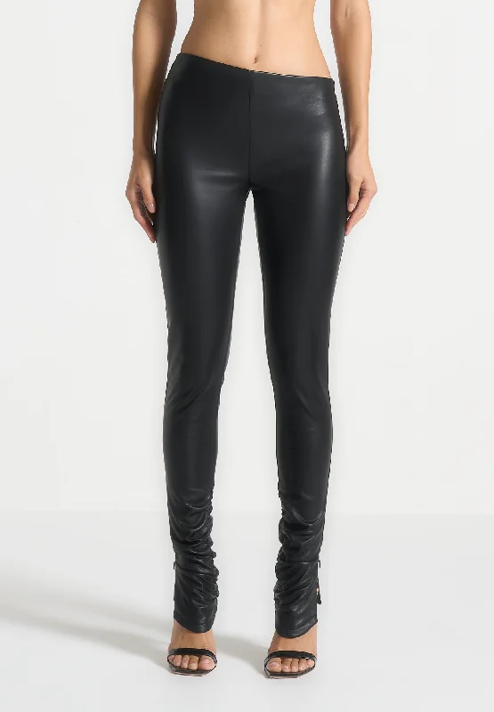 Leather Angled Waistband Leggings - Black Fashionable Sports Compression Leggings