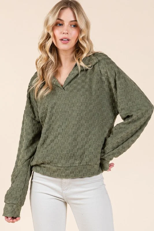 Hazel Blues® | BOMBOM Fuzzy Checkered Collared Neck Sweatshirt with Side Pockets Hoodie with Metallic Shiny Futuristic Hazel Blues® | BOMBOM Fuzzy Checkered Collared Neck Sweatshirt with Side Pockets Hoodie with Metallic Shiny Futuristic