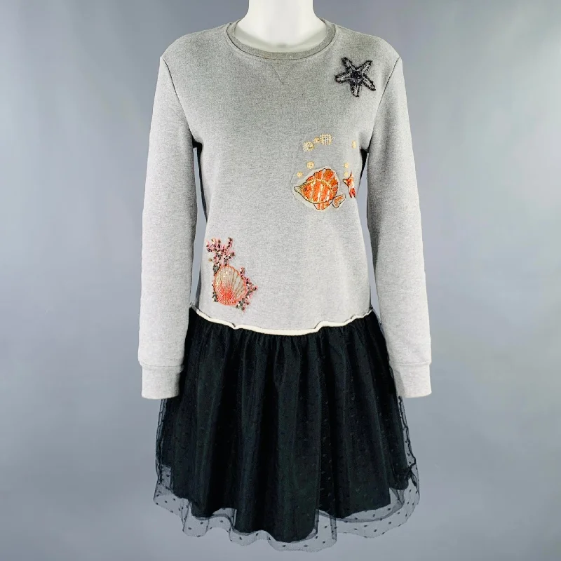 RED VALENTINO Size XS Grey Black Cotton Embroidered Sweatshirt Dress Hoodie with Hem Patch Decorative Personalized RED VALENTINO Size XS Grey Black Cotton Embroidered Sweatshirt Dress Hoodie with Hem Patch Decorative Personalized
