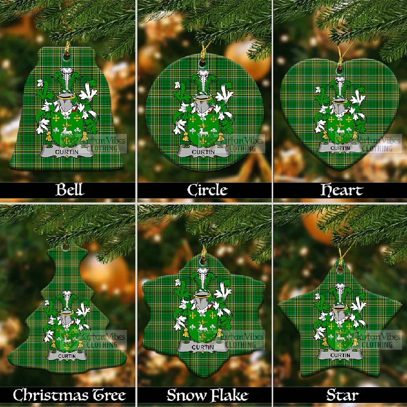 Curtin Irish Clan Tartan Christmas Ceramic Ornament with Coat of Arms Cuffed Rolled Raglan Curtin Irish Clan Tartan Christmas Ceramic Ornament with Coat of Arms Cuffed Rolled Raglan