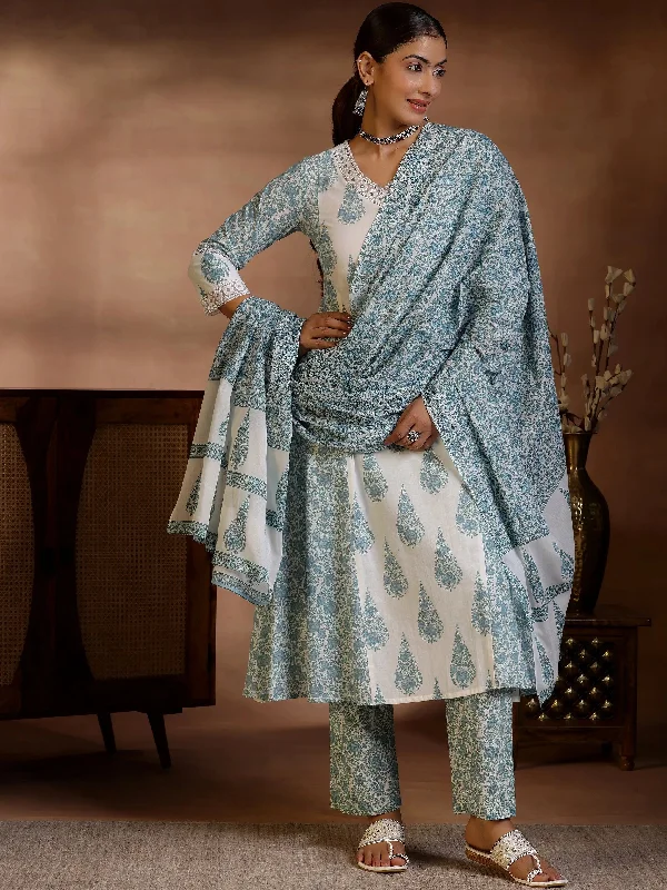 Off White Printed Cotton A-Line Kurta With Trousers & Dupatta Trousers versatile all-occasion Off White Printed Cotton A-Line Kurta With Trousers & Dupatta Trousers versatile all-occasion