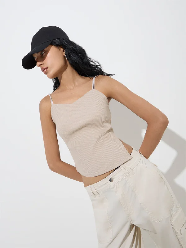 Nuon Beige Ribbed-Textured Cotton-Blend Crop Top Lace Blend Ribbed Blend Corduroy Blend