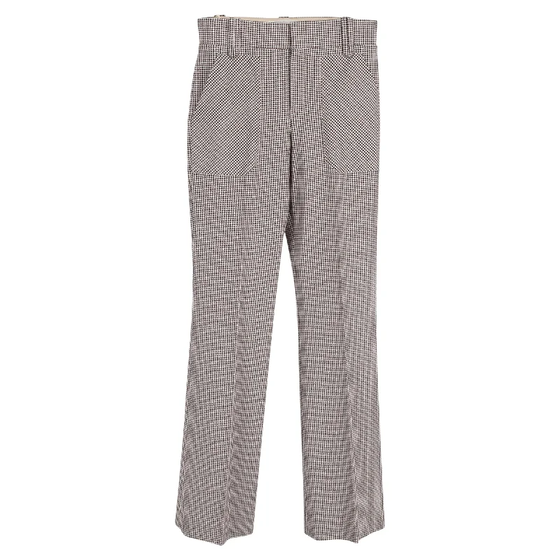 Chloe Houndstooth Print Straight-Leg Trousers in Brown Wool Wide Leg Loose Fit Mid Waist