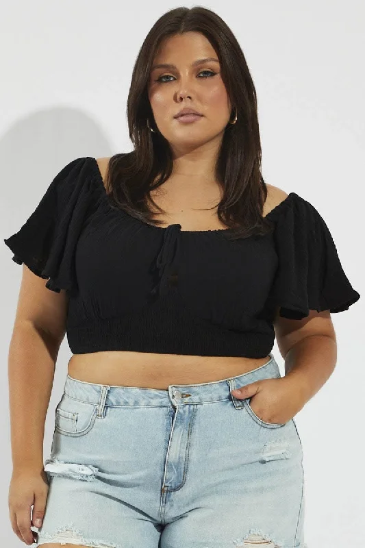 Black Crop Top Short Sleeve Cut Out Satin Blend Silk Blend Wool Blend