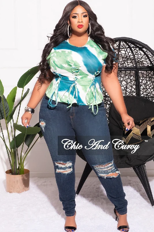 Final Sale Plus Size Lace Up Crop Top in Green White and Teal Tie Dye Print Welt Pockets Slit Pockets Flap Pockets Final Sale Plus Size Lace Up Crop Top in Green White and Teal Tie Dye Print Welt Pockets Slit Pockets Flap Pockets