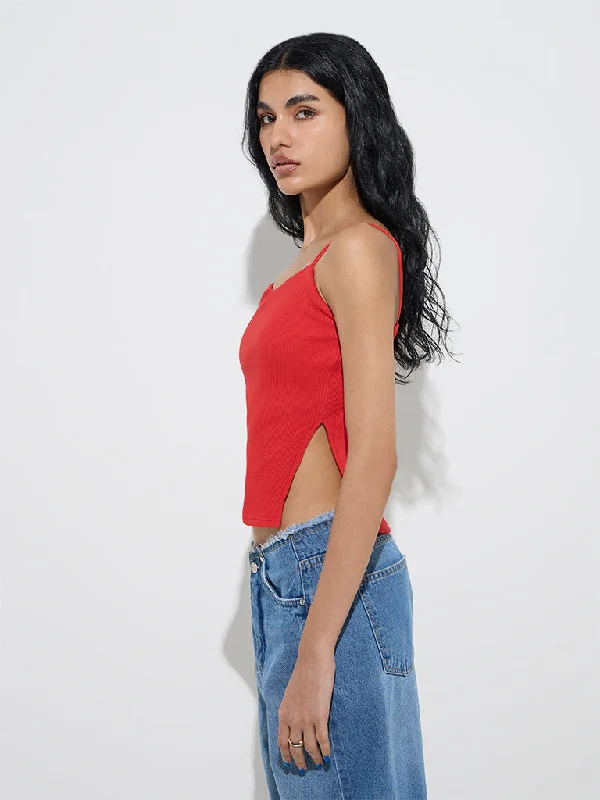 Nuon Red Ribbed-Textured Cotton-Blend Crop Top Houndstooth Herringbone Solid