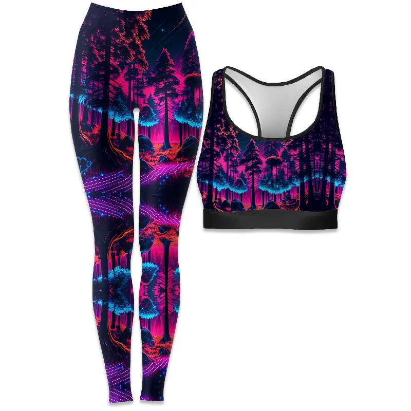 Neon Forest Rave Bra and Leggings Combo Trendy Cut-Out Activewear Leggings