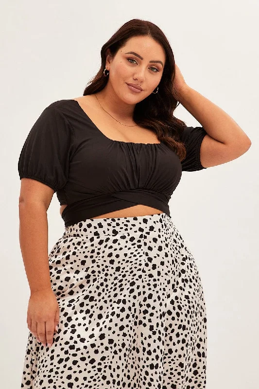 Black Crop Top Short Sleeve Tie Back Jersey Zippered Front Buttoned Front Snap Front Black Crop Top Short Sleeve Tie Back Jersey Zippered Front Buttoned Front Snap Front