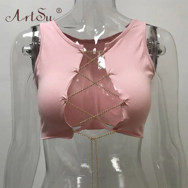 Chain Lace-Up Front Crop Top. Graphic Embroidered Appliqued