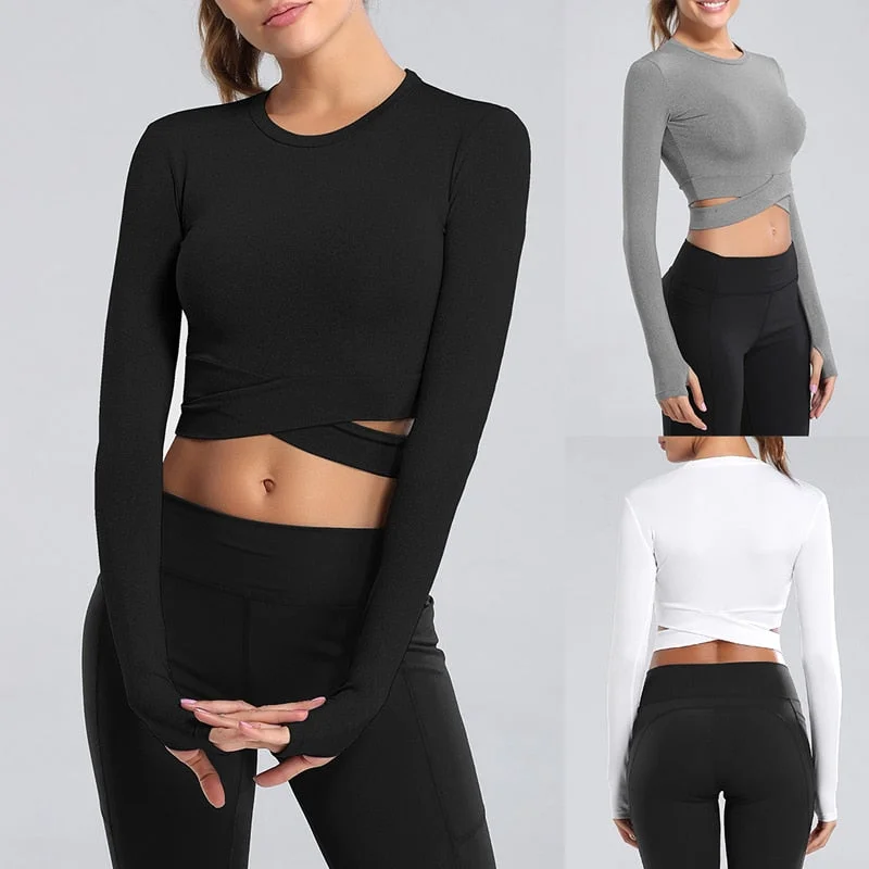 Long Sleeved Cris-Cross Yoga Crop Top Casual Formal Business