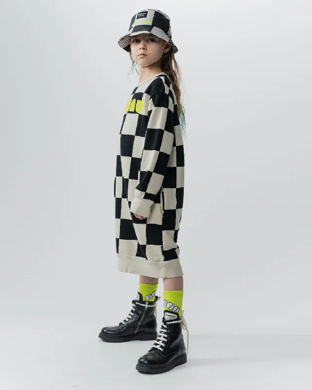 NUNUNU FW24 CHECKMATE A SWEATSHIRT DRESS Hoodie with Hem Contrast Bold Stylish