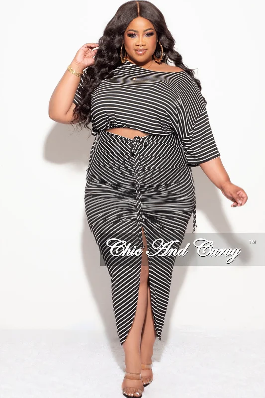 Final Sale Plus Size 2pc Crop Top and Ruched Skirt Set in Black and White Stripe Print Iron Safe Non-Iron Wrinkle Free Final Sale Plus Size 2pc Crop Top and Ruched Skirt Set in Black and White Stripe Print Iron Safe Non-Iron Wrinkle Free