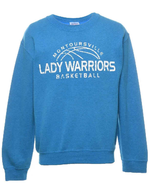 Blue & White Printed Sweatshirt - S Hoodie with Hem Elastic Stretchable Comfortable