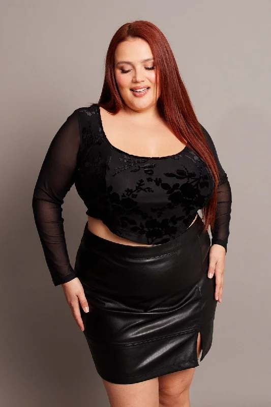 Black Crop Top Long Sleeve Mesh Iron Safe Non-Iron Wrinkle Free