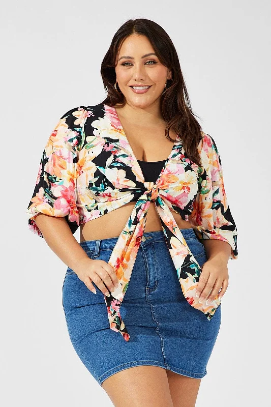Black Floral Crop Top Short Sleeve Tie Front Ribbed Striped Patterned