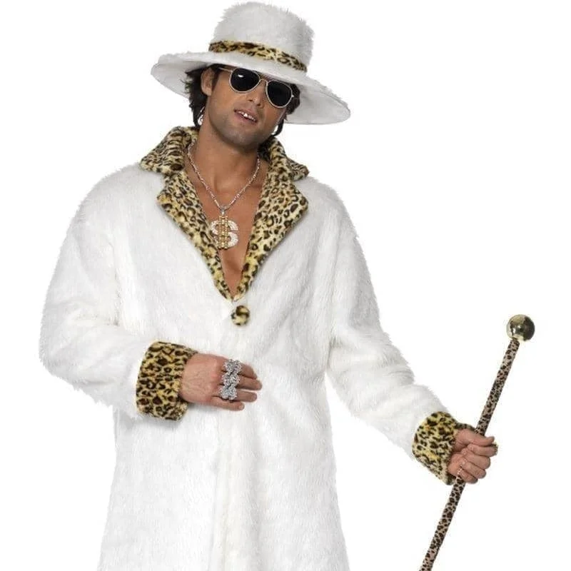 Pimp Costume Adult White Aand Leopard Skin Faux Fur Coat Hat Trousers Trousers Summer Linen