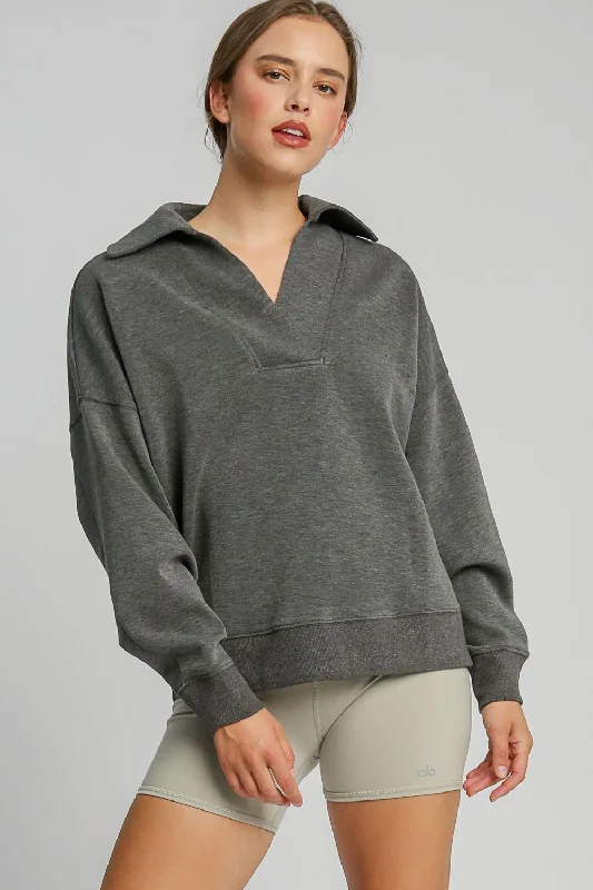 Hazel Blues® | Umgee Johnny Collar Dropped Shoulder Sweatshirt Hoodie with Snap Buttons Easy Quick Hazel Blues® | Umgee Johnny Collar Dropped Shoulder Sweatshirt Hoodie with Snap Buttons Easy Quick