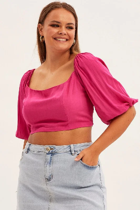 Pink Crop Top Short Sleeve Square Neck Modern Contemporary Chic