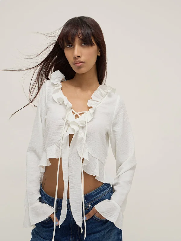 Nuon White Ruffle-Detailed Crop Top Mesh Fabric Canvas Fabric Denim Fabric
