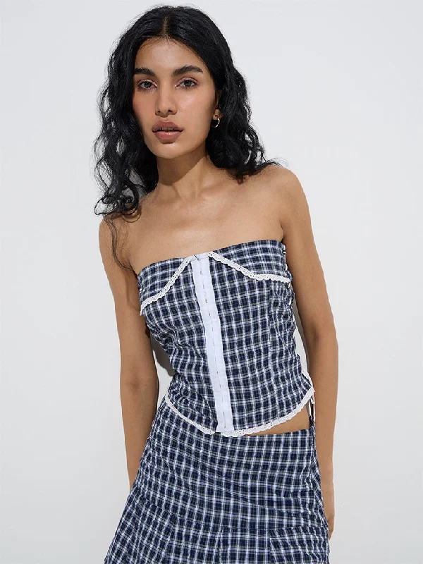 Nuon Navy Checkered Off-Shoulder Cotton Crop Top Sequined Glittery Shiny
