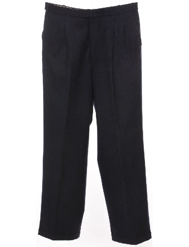Pinstriped Navy Tapered Trousers - W34 L32 Trousers High Rise Slim Fit