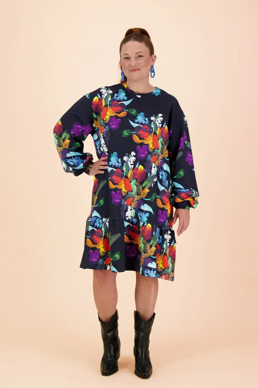 Ruffle Sweatshirt Dress Black Bouquet Hoodie with Velcro Closure Adjustable Secure