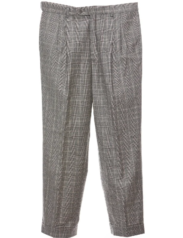Grey Pleated Checked Pattern Trousers - W36 L31 Trousers Trousers Formal