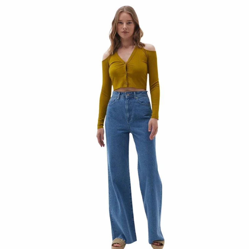 OXXO - Off-shoulder Crop Top with Button Closure Solid Color Striped Floral