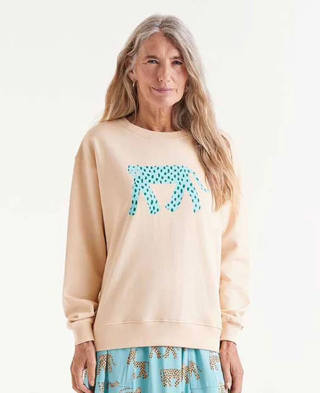 Jaguar Print Sweatshirt - Beige Hoodie with High-Low Hem Asymmetrical Trendy