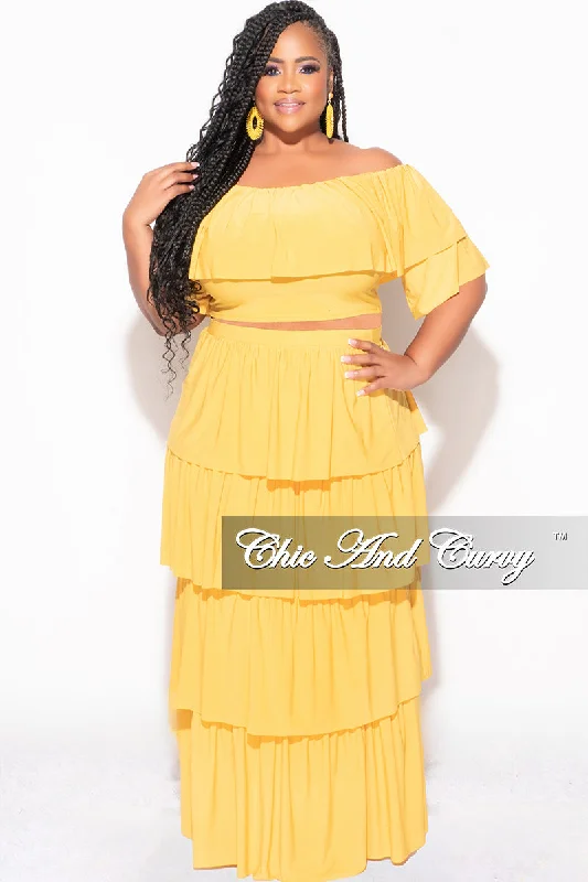 Final Sale Plus Size 2pc Ruffle Tiered Off the Shoulder Crop Top Maxi Skirt Set in Mustard Real Fur Shearling Chenille Final Sale Plus Size 2pc Ruffle Tiered Off the Shoulder Crop Top Maxi Skirt Set in Mustard Real Fur Shearling Chenille