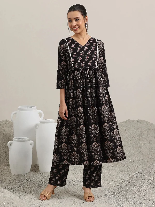 Black Printed Cotton Anarkali Kurta With Trousers Trousers Spring Floral