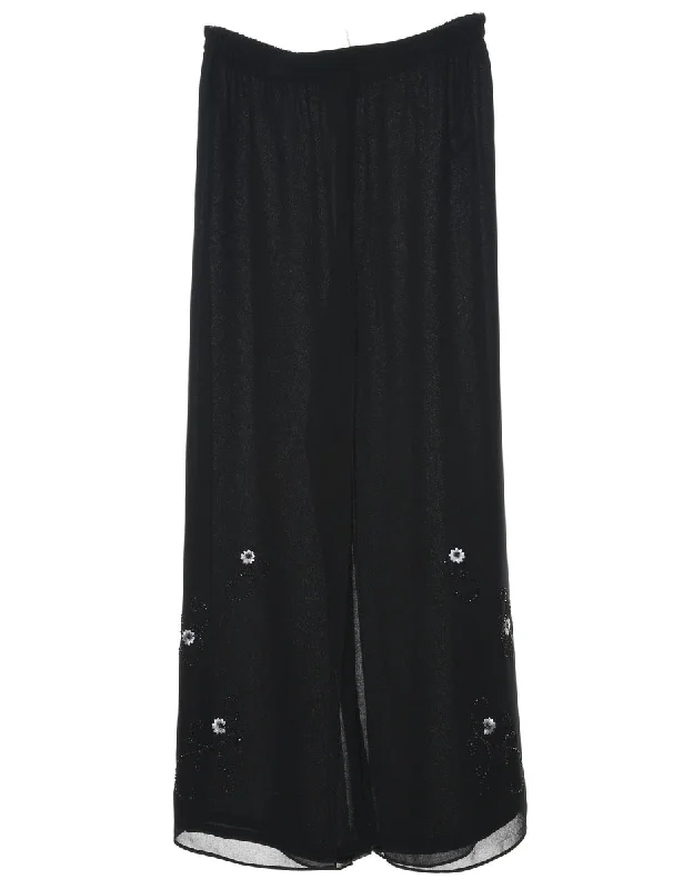 Black Embroidered Daisy Design Trousers  - W28 L27 Trousers Vintage Classic
