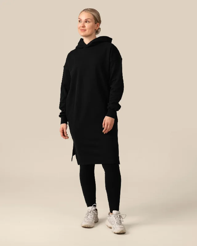 Toive Hoodie Dress Black Hoodie with Button Placket Classic Preppy