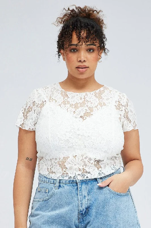 White Lace Crop Top Short Sleeve Round Neck Hooded Caped Shawl Collar