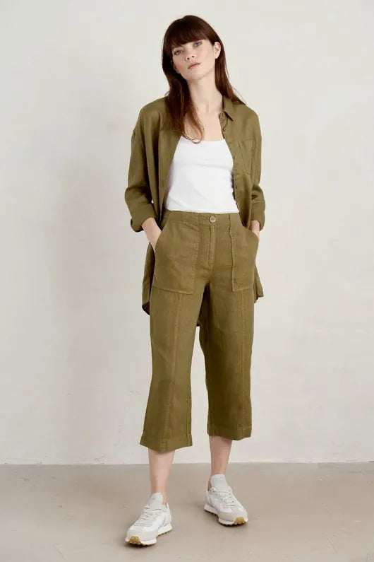 Seasalt Poleacre Cropped Linen Trousers - Fern Moss Trousers Party Sparkling