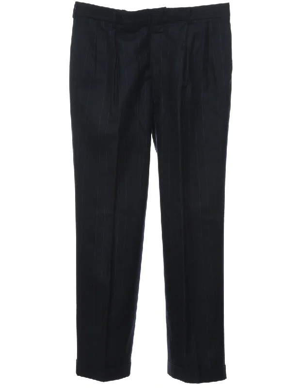 Navy Striped Pattern Trousers - W34 L31 Trousers cozy soft