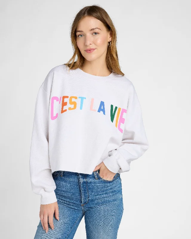 C'est La Vie Raw Hem Sweatshirt Hoodie with Mock Neck Collared Structured