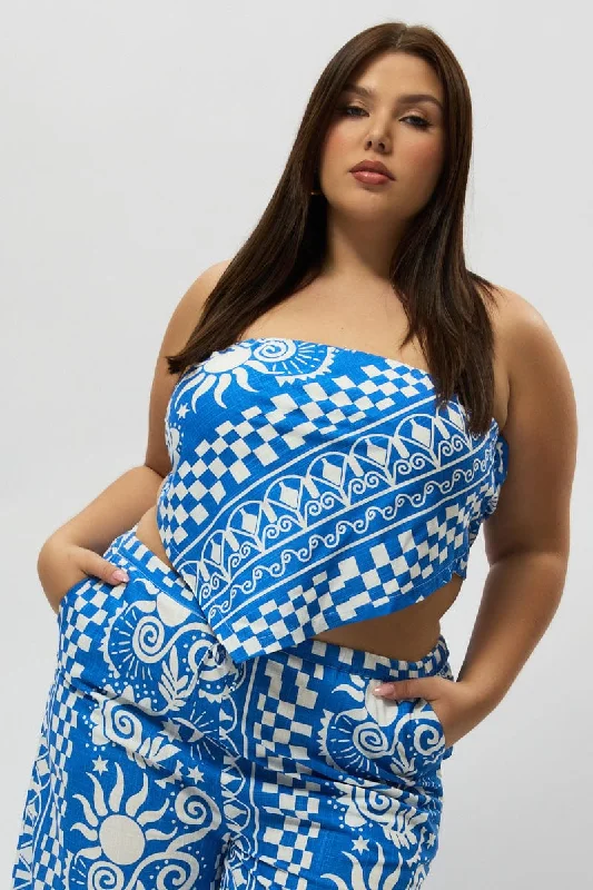 Blue Abstract Crop Top Strapless Scarf Linen Blend Crop Top Seamless Stretchy