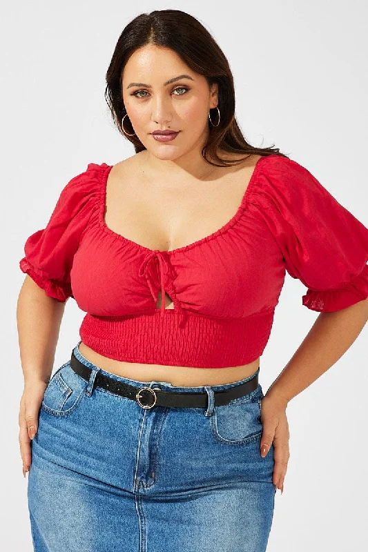 Red Crop Top Short Sleeve Cut Out Shirred Casual Formal Business