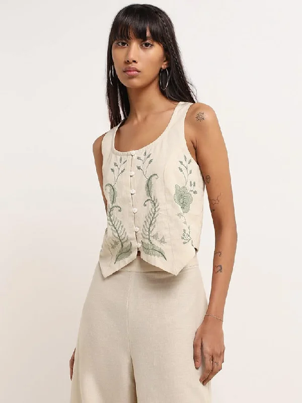 Bombay Paisley Off-White Embroidered Cotton Crop Top Elasticated Padded Insulated