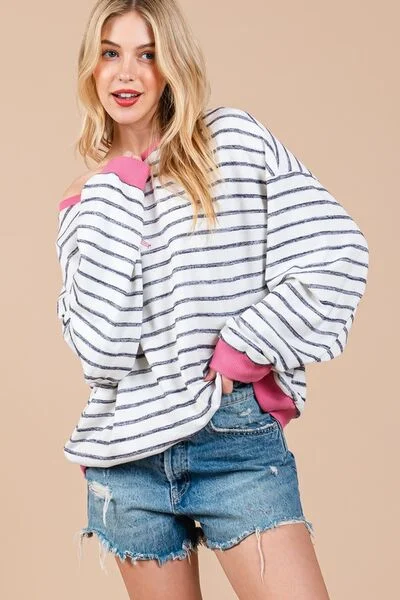 Hazel Blues® |  Ces Femme Striped Round Neck Drop Shoulder Sweatshirt Hoodie with Hem Drawcord Adjustable Customizable