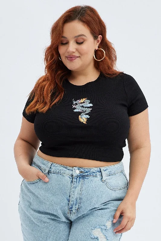 Black Crop Top Dragon Print Rib Short Sleeve Satin Blend Silk Blend Wool Blend