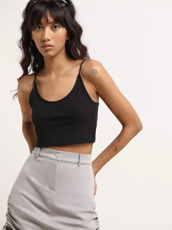 Nuon Black Strappy Crop Top Cozy Warm Stylish