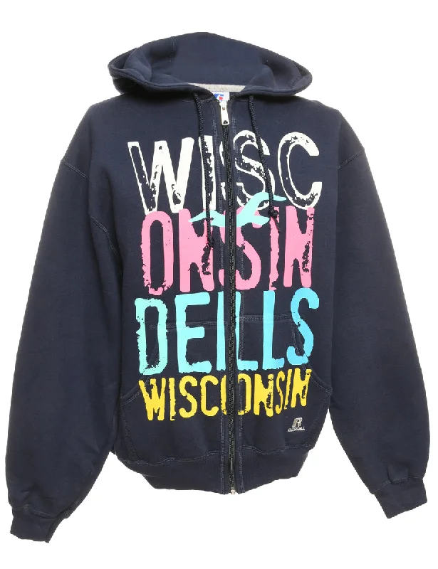 Blue Wisconsin Russell Athletic Printed Hoodie - M Graphic Hoodie Design Print