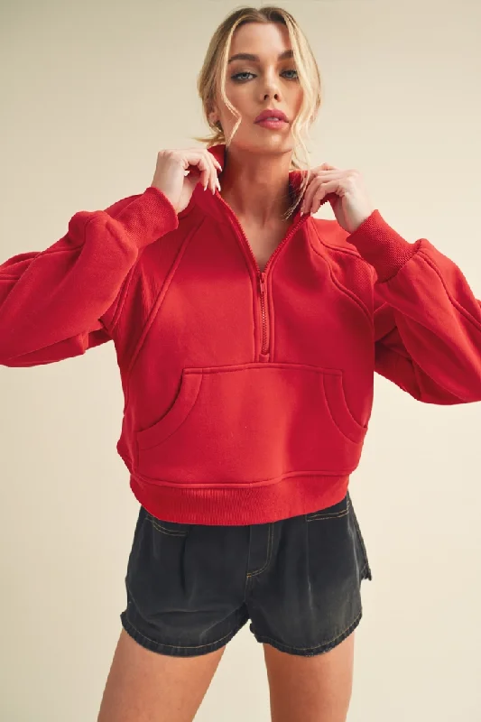 Dove Funnel Neck Half Zip Pullover- Tomato Red Gathered Sleeve Pullover