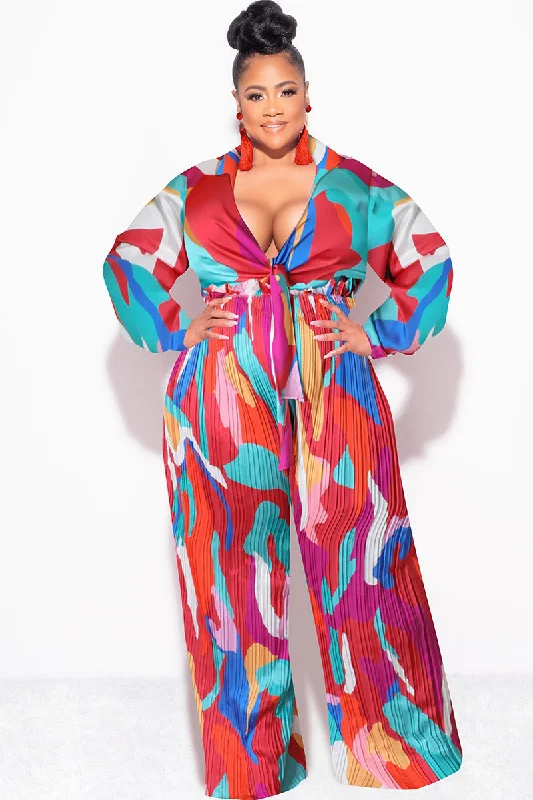 Final Sale Plus Size 2pc Satin Collar Tie Crop Top and Palazzo Pleated Pants in Multi Color Design Print Silk Blend Satin Velvet Final Sale Plus Size 2pc Satin Collar Tie Crop Top and Palazzo Pleated Pants in Multi Color Design Print Silk Blend Satin Velvet