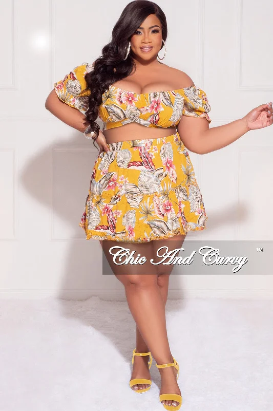 Final Sale Plus Size 2pc Off the Shoulder Crop Top and Skirt Set in Mustard Floral Print Thin Crop Top Open Front Quick Dry Final Sale Plus Size 2pc Off the Shoulder Crop Top and Skirt Set in Mustard Floral Print Thin Crop Top Open Front Quick Dry