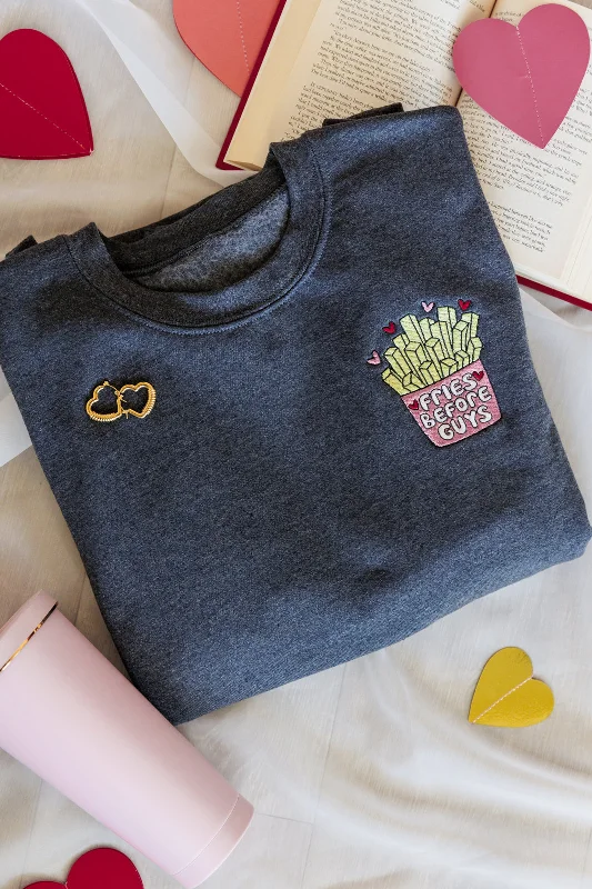 Hazel Blues® | Fries Before Guys Embroidered Sweatshirt Hoodie with Exposed Zipper Edgy Industrial Hazel Blues® | Fries Before Guys Embroidered Sweatshirt Hoodie with Exposed Zipper Edgy Industrial