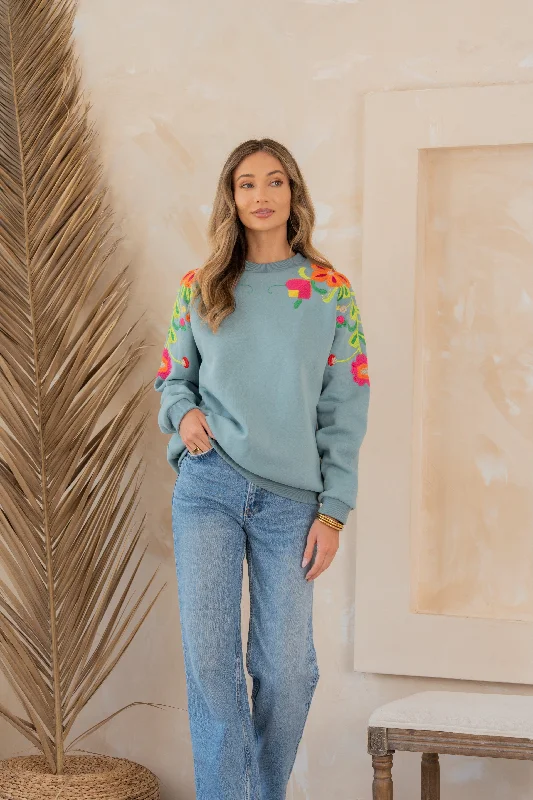 Hazel Blues® |  Floral Embroidered Sweatshirt Hoodie with Hem Ribbing Snug Secure